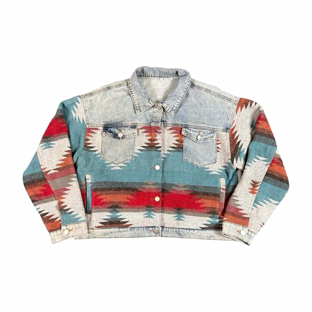 Women’s Denim Jacket Southwestern Aztec Geometric Button Front Size XL